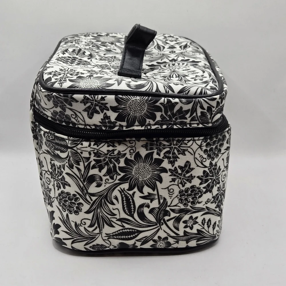 Bella Russo Makeup Bag Black & White Floral Design Zipper Closure Top Handle